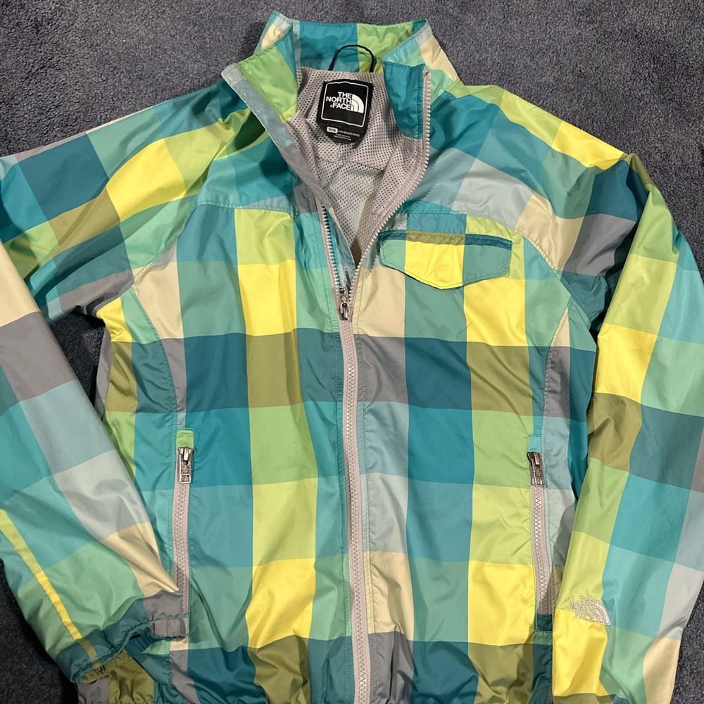 The North Face Colorful Plaid windbreaker Teal and Yellow